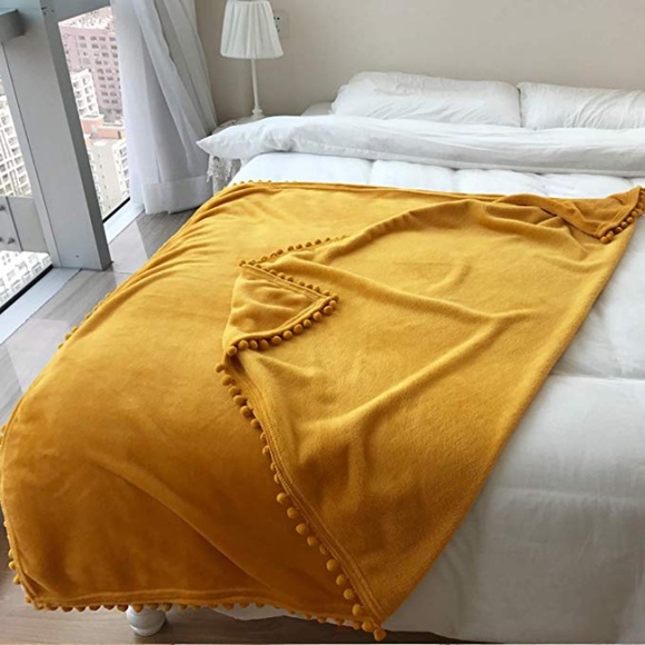 Cozy Pompom Fringe Flannel Blanket Throw Mustard - Picture 4 of 4